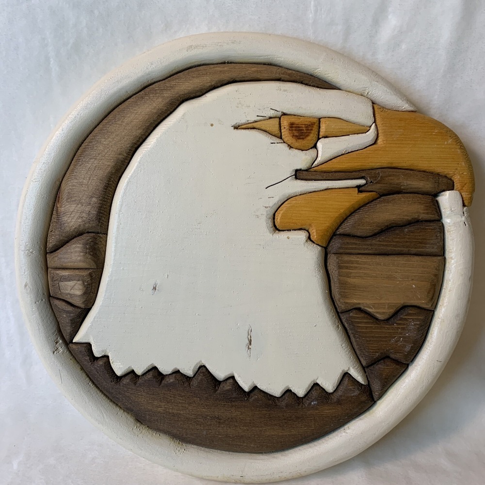 American Bald Eagle Wood Inlay Wall Decor MCM Art Piece Round Handmade Stained